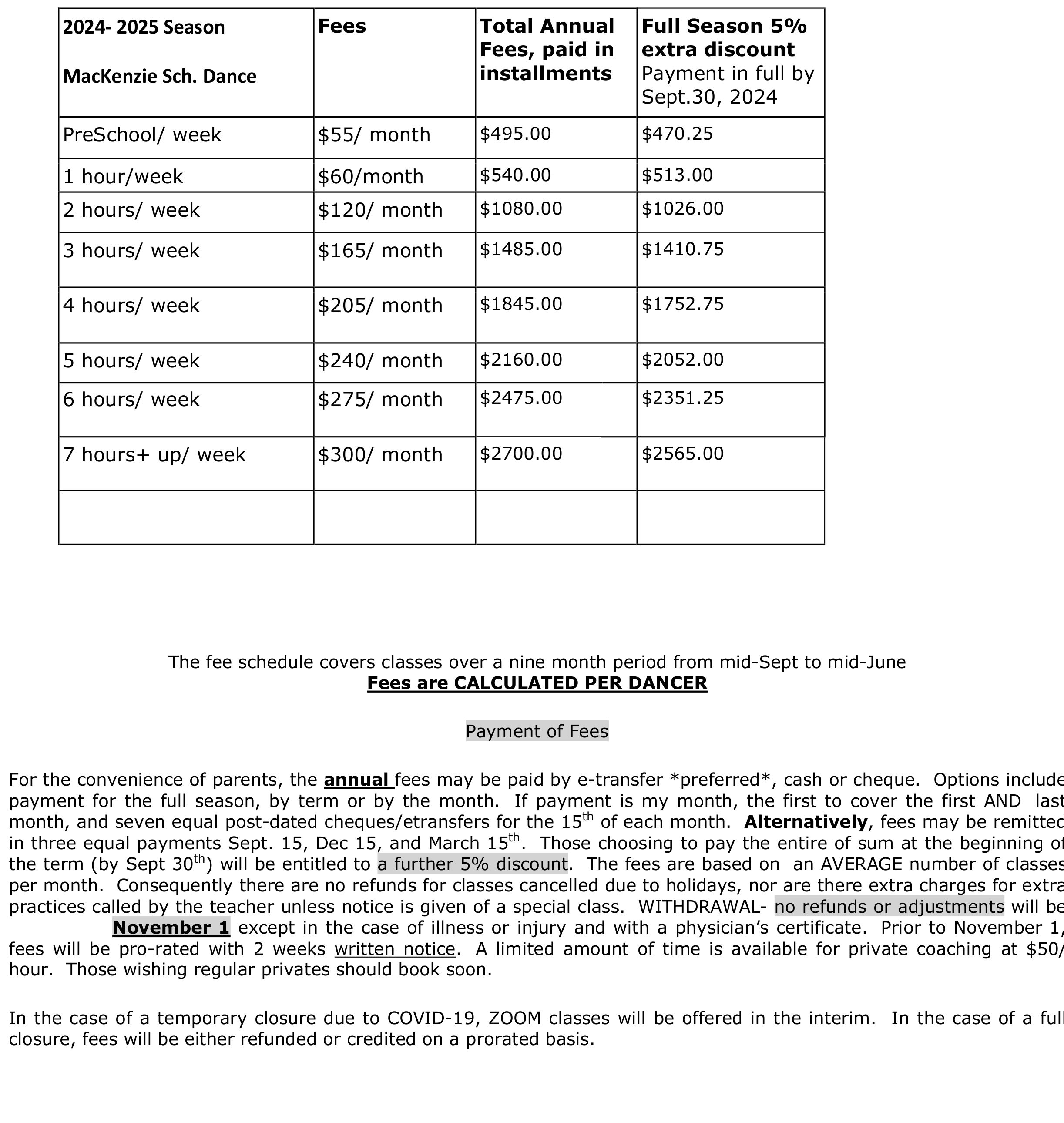 fee schedule 2425 fee schedule 2425